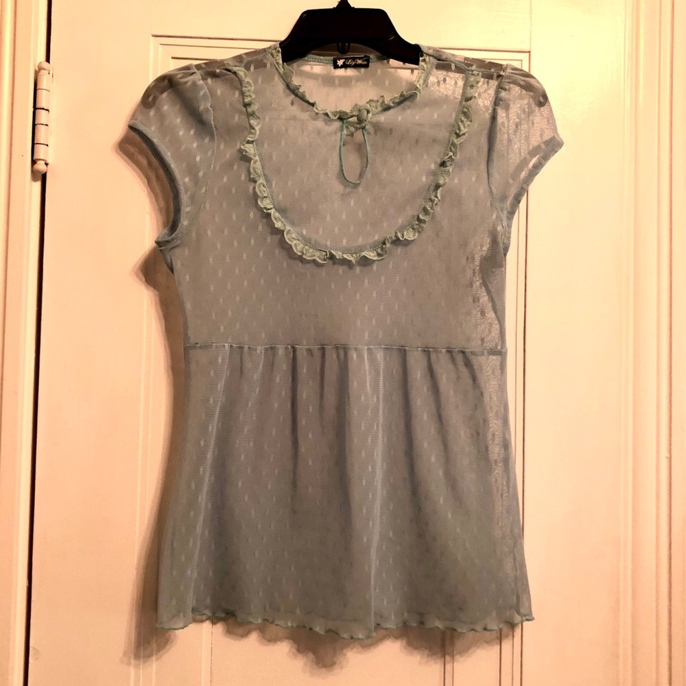 Mint sheer polka dot top with button